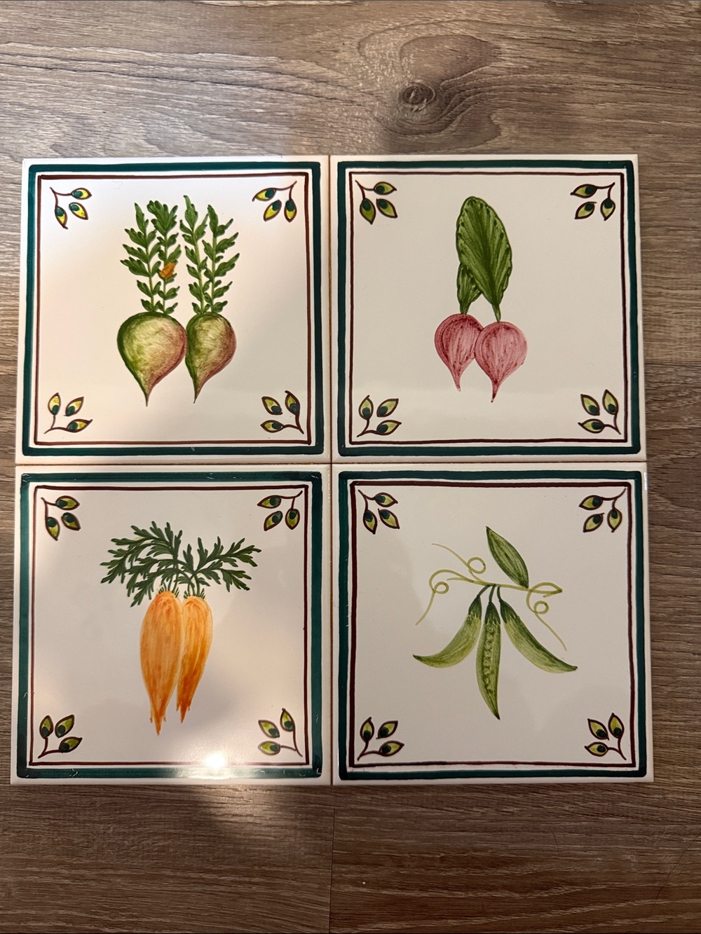 Hand-Painted Casafina Vegetable Conibricer Ceramic Tiles Set of 4 on Board